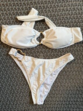 SHEIN White Two-Piece Bikini Set with Gold Ring Detail
